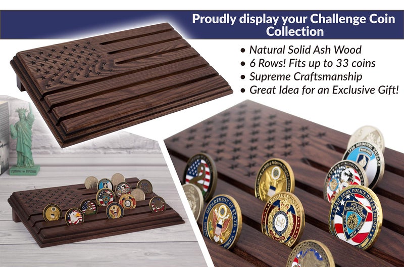 TESLYAR 6 Rows Military Challenge Coins Stand Holder Display Rack Wooden Army Collectible Challenge Coin Display Case Wood Stand  Holds 30-36 Coins Natural Solid Wood Brown American Flag (Brown) - Image 3